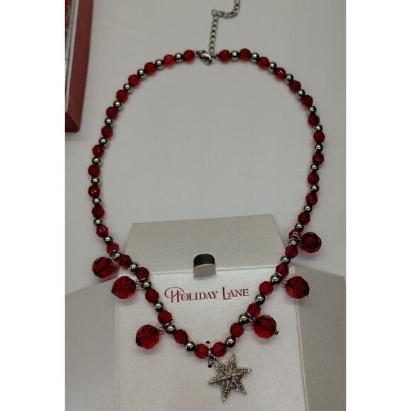 Holiday Lane Women's Necklace - Red Silver Tone Beads - Star Pendant - Picture 6 of 7